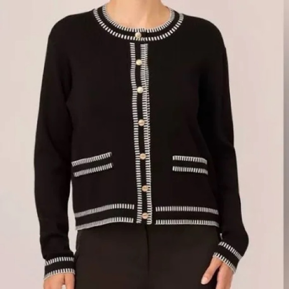 Adrianna Papell Women's Large Black Cardigan with White Tipping at Hem